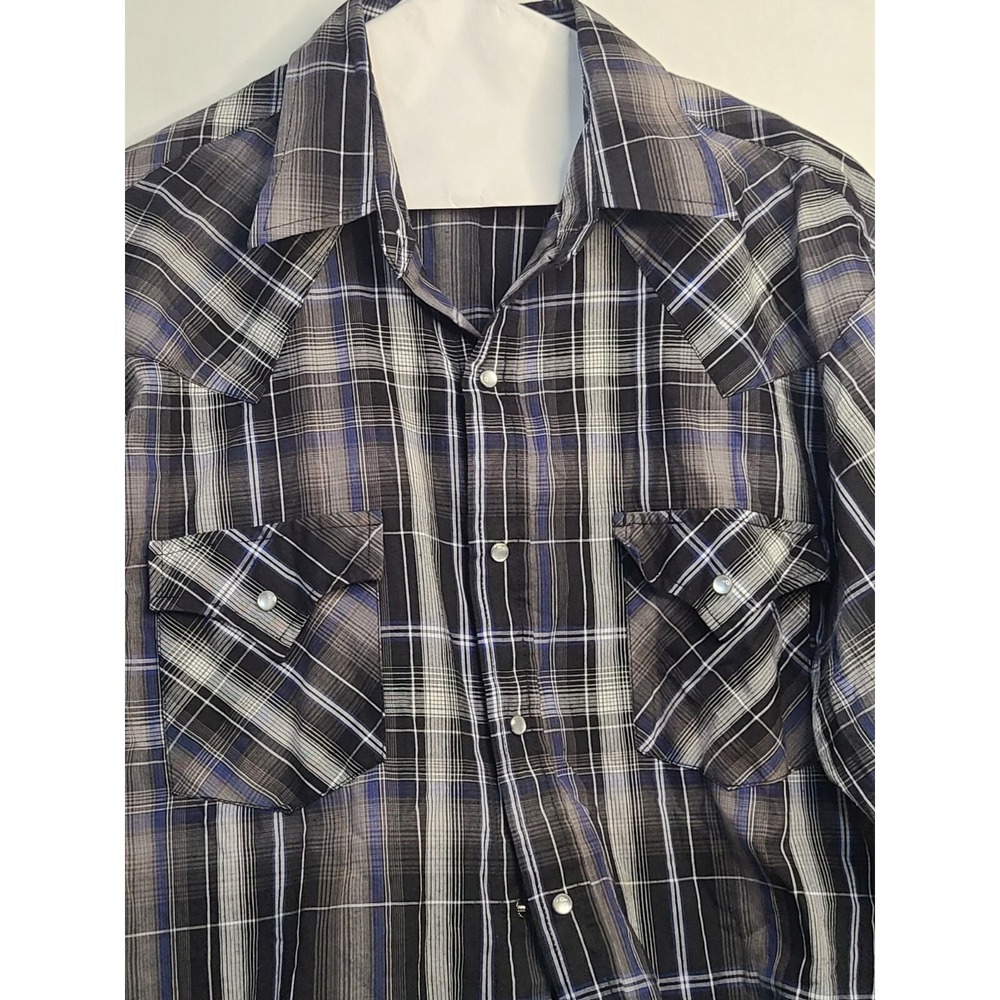 Plains Western Wear Pearl Snap Sz L Black/gray/blue Plaid SS Shirt Pocket Cowboy